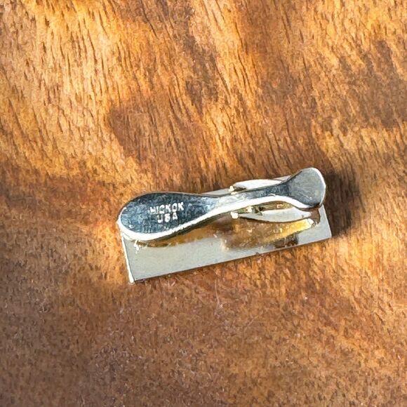 Vintage Gold Tone Cufflinks Tie Clip Set 1970s Glass Stone Wedding Formal Suit - Picture 8 of 12